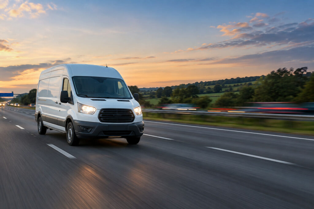 Same day courier van on a motorway in Kent at dusk